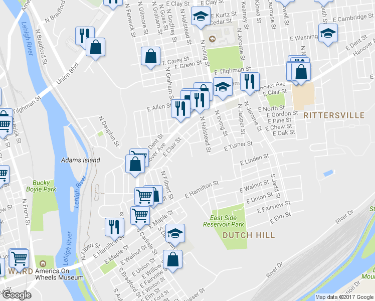 map of restaurants, bars, coffee shops, grocery stores, and more near 216 North Graham Street in Allentown