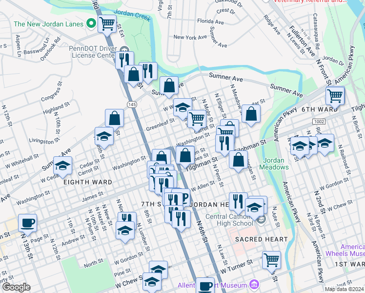 map of restaurants, bars, coffee shops, grocery stores, and more near 526 Washington Street in Allentown