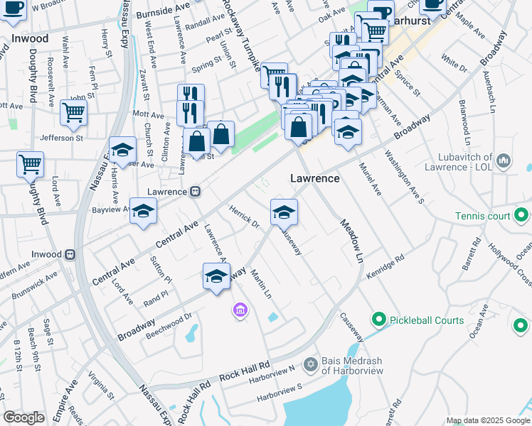 map of restaurants, bars, coffee shops, grocery stores, and more near 21 Rosalind Place in Lawrence