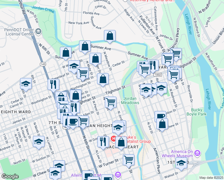 map of restaurants, bars, coffee shops, grocery stores, and more near 645 North Jordan Street in Allentown