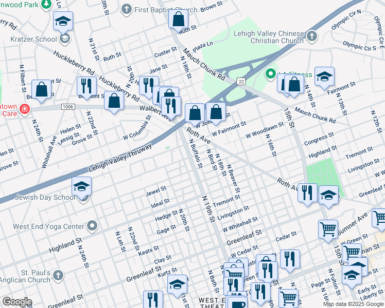 map of restaurants, bars, coffee shops, grocery stores, and more near 1229 North 19th Street in Allentown