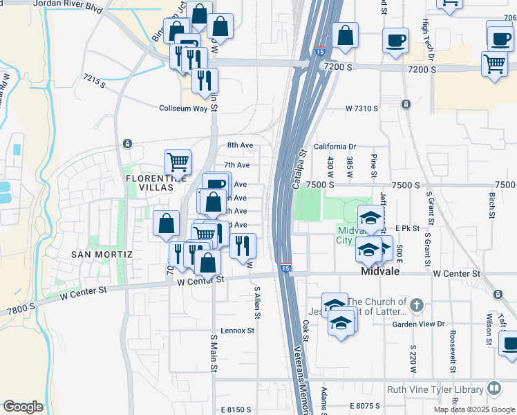 map of restaurants, bars, coffee shops, grocery stores, and more near 598 4th Avenue in Midvale