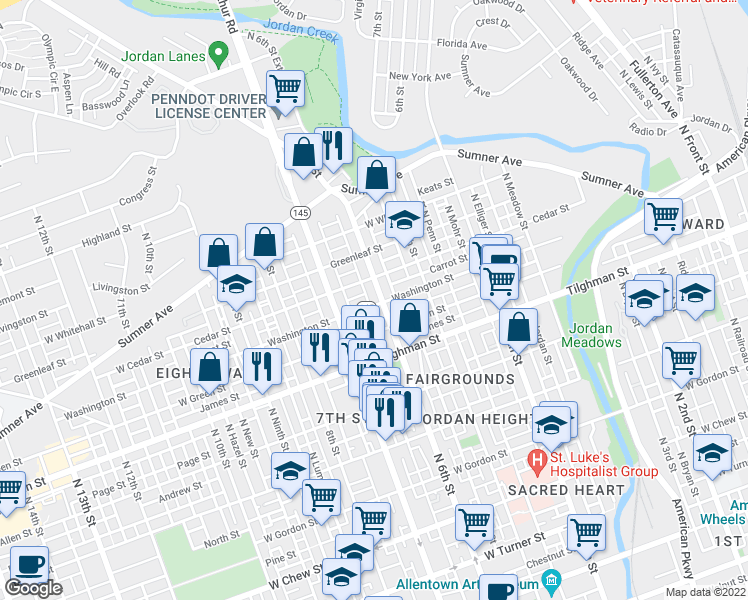 map of restaurants, bars, coffee shops, grocery stores, and more near 802 North 6th Street in Allentown