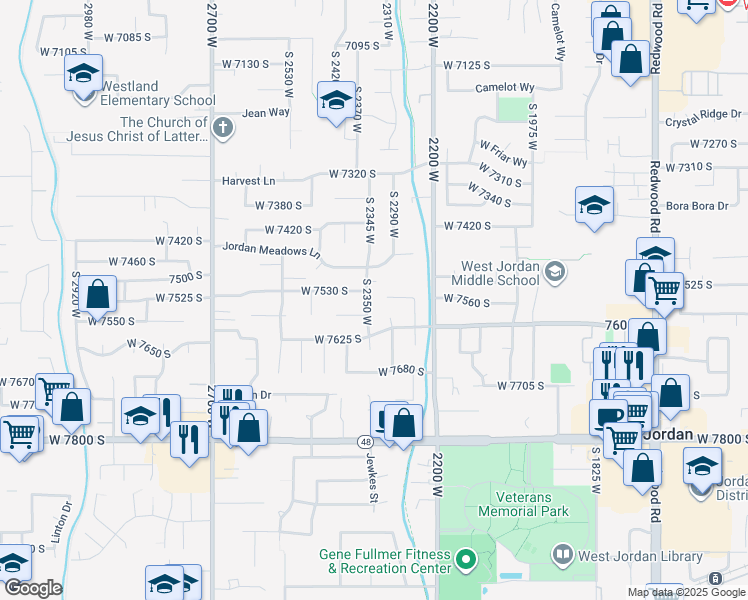 map of restaurants, bars, coffee shops, grocery stores, and more near 7543 S 2350 W in West Jordan