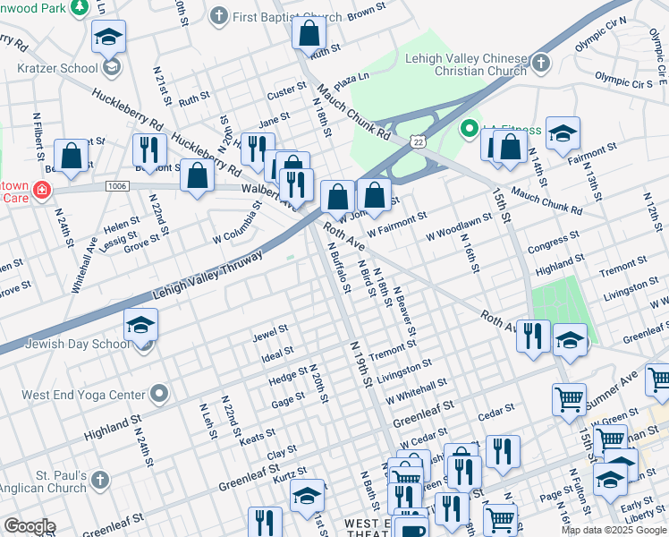 map of restaurants, bars, coffee shops, grocery stores, and more near 1229 North 19th Street in Allentown