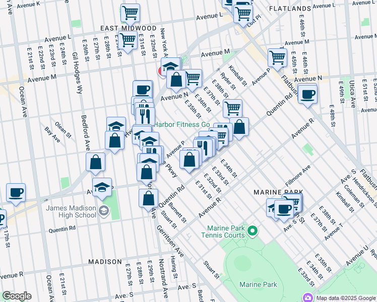 map of restaurants, bars, coffee shops, grocery stores, and more near 1621 East 32nd Street in Brooklyn