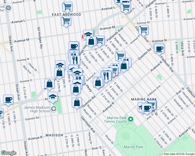 map of restaurants, bars, coffee shops, grocery stores, and more near 1621 East 32nd Street in Brooklyn