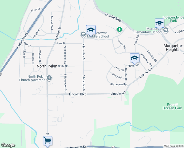 map of restaurants, bars, coffee shops, grocery stores, and more near 112 Halsey Street in North Pekin