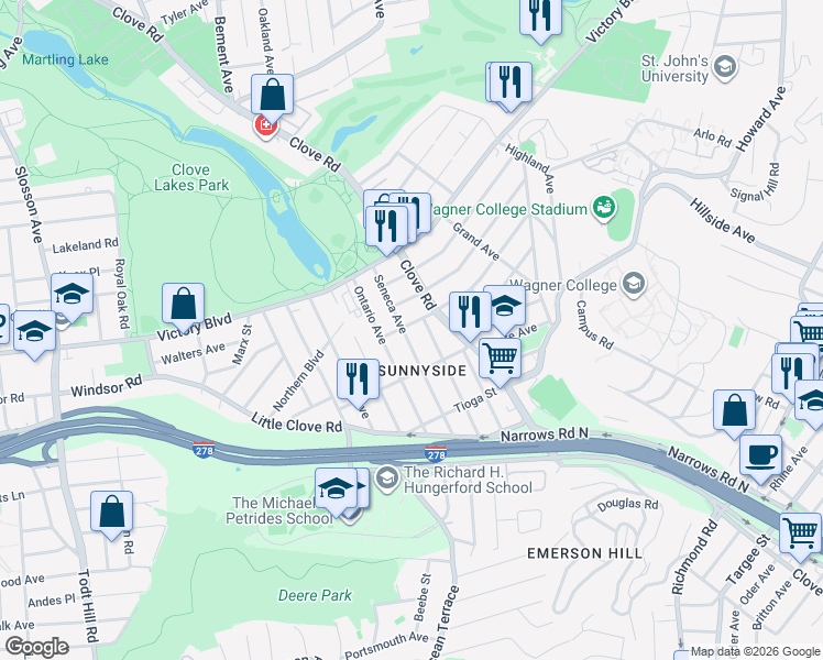 map of restaurants, bars, coffee shops, grocery stores, and more near 83 Seneca Avenue in Staten Island