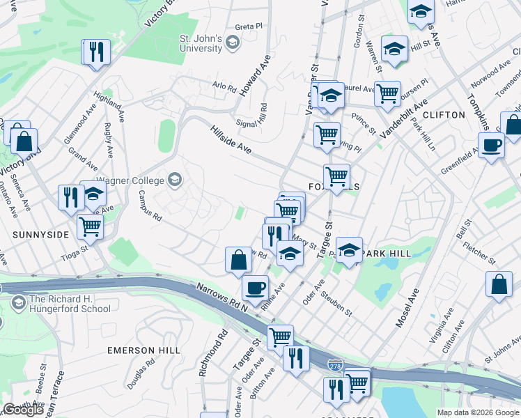 map of restaurants, bars, coffee shops, grocery stores, and more near 35A Cedar Terrace in Staten Island