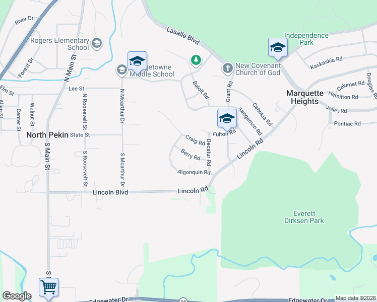 map of restaurants, bars, coffee shops, grocery stores, and more near 111 Berry Rd in Marquette Heights