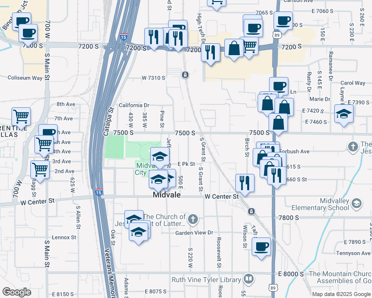 map of restaurants, bars, coffee shops, grocery stores, and more near 7556 South Lincoln Street in Midvale