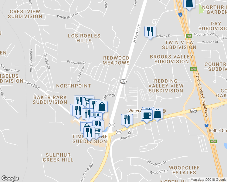 map of restaurants, bars, coffee shops, grocery stores, and more near 311 Lemon Drive in Redding