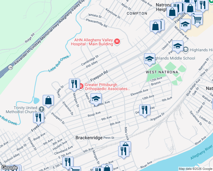 map of restaurants, bars, coffee shops, grocery stores, and more near 1128 Union Ave in Brackenridge