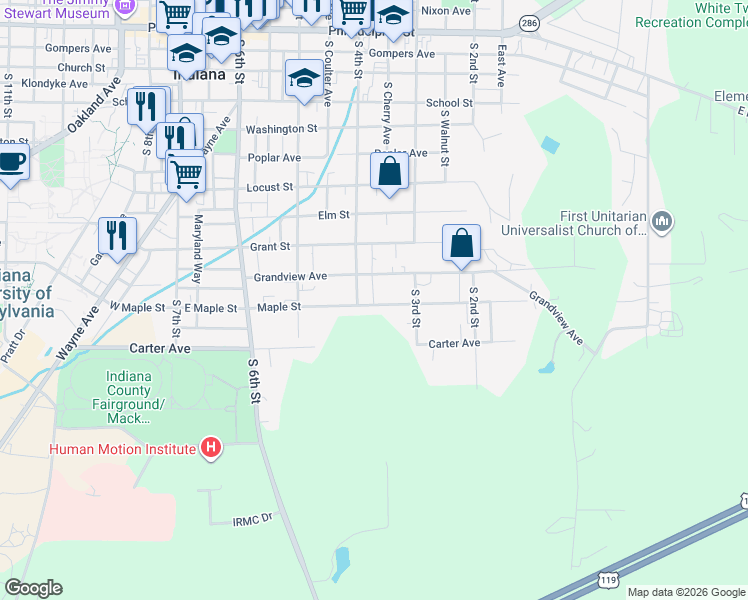map of restaurants, bars, coffee shops, grocery stores, and more near 355 Maple Street in Indiana