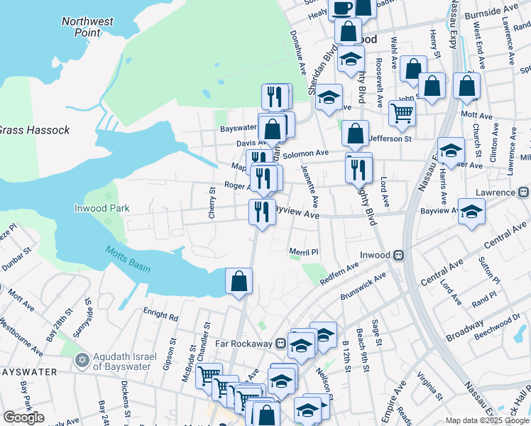 map of restaurants, bars, coffee shops, grocery stores, and more near 98 Sheridan Boulevard in Inwood