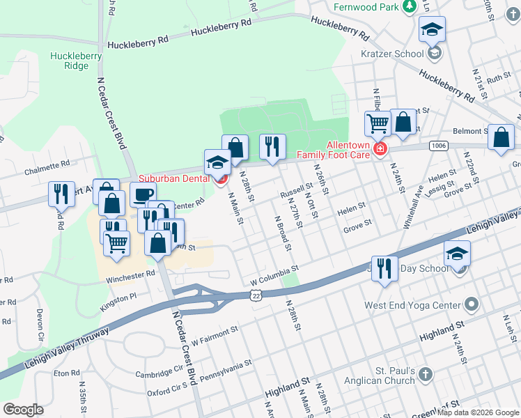 map of restaurants, bars, coffee shops, grocery stores, and more near 1545 North 28th Street in Allentown