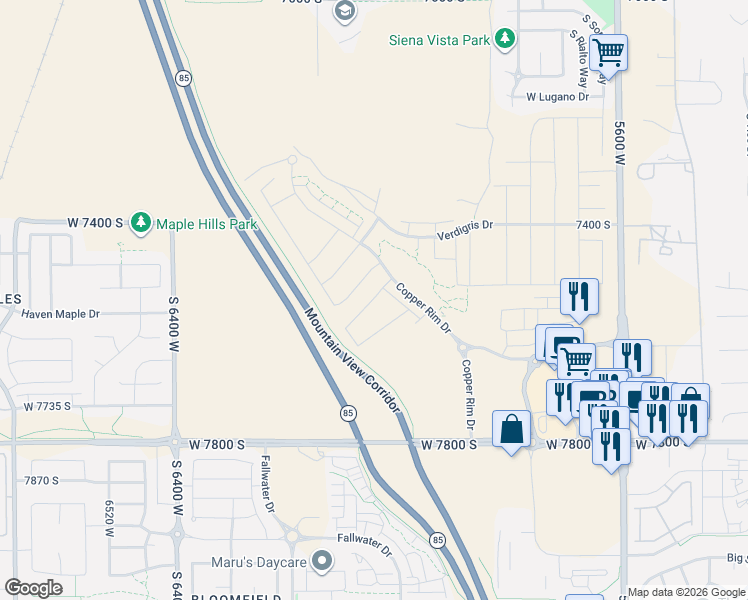 map of restaurants, bars, coffee shops, grocery stores, and more near 6066 West Sapphire Street in West Jordan