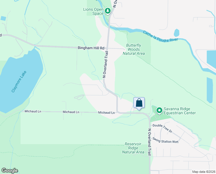 map of restaurants, bars, coffee shops, grocery stores, and more near 1832 North Overland Trail in Fort Collins