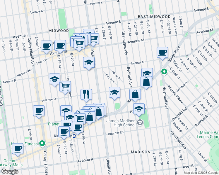 map of restaurants, bars, coffee shops, grocery stores, and more near 1601 East 21st Street in Brooklyn