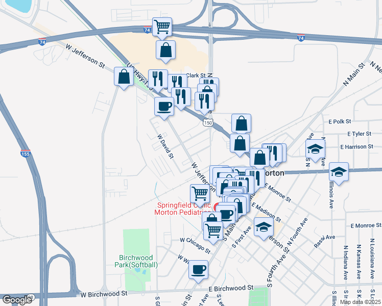 map of restaurants, bars, coffee shops, grocery stores, and more near 101 North Mosiman Avenue in Morton