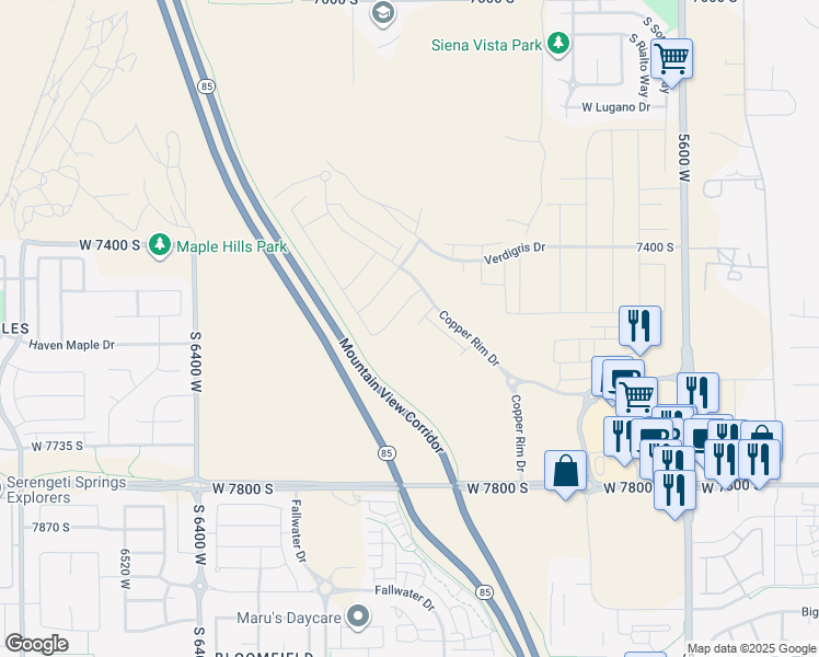 map of restaurants, bars, coffee shops, grocery stores, and more near 6046 West Sapphire Street in West Jordan