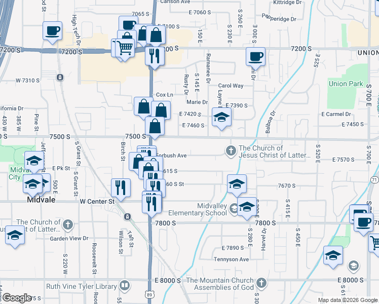 map of restaurants, bars, coffee shops, grocery stores, and more near 103 Forbush Avenue in Midvale