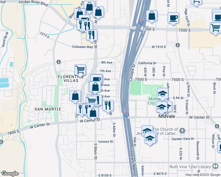 map of restaurants, bars, coffee shops, grocery stores, and more near 598 4th Avenue in Midvale