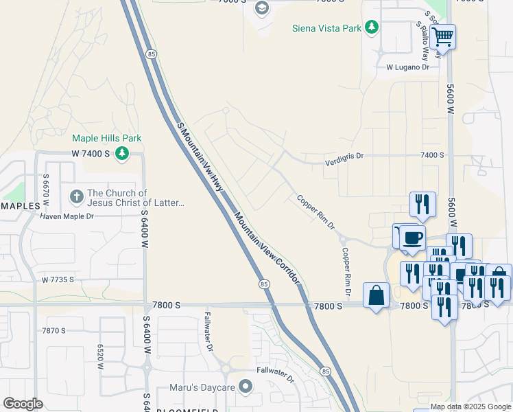 map of restaurants, bars, coffee shops, grocery stores, and more near 7547 South Travertine Road in West Jordan