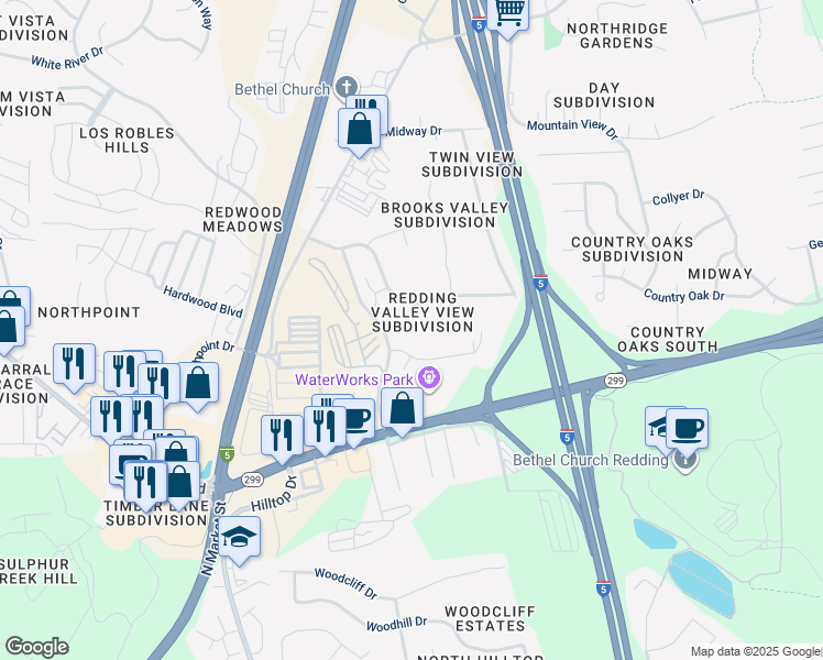 map of restaurants, bars, coffee shops, grocery stores, and more near 5391 Valley Ridge Drive in Redding