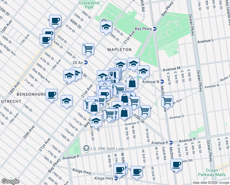 map of restaurants, bars, coffee shops, grocery stores, and more near 2225 64th Street in Brooklyn