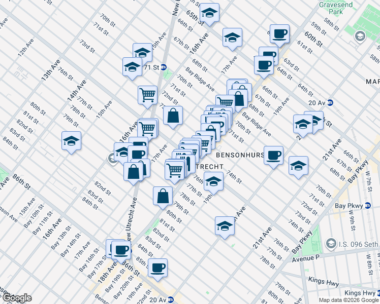 map of restaurants, bars, coffee shops, grocery stores, and more near 1765 Bay Ridge Parkway in Brooklyn