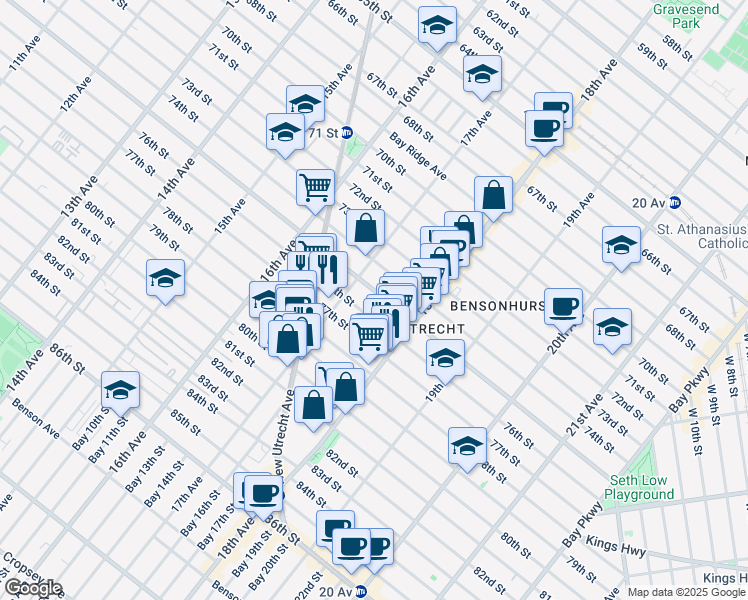 map of restaurants, bars, coffee shops, grocery stores, and more near 1729 76th Street in Brooklyn