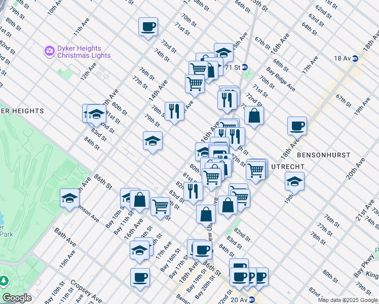 map of restaurants, bars, coffee shops, grocery stores, and more near 1569 80th Street in Brooklyn