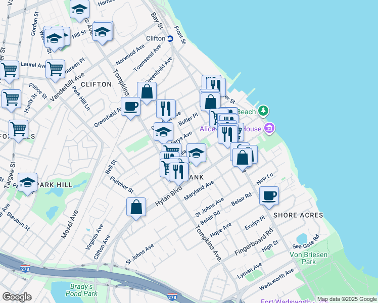 map of restaurants, bars, coffee shops, grocery stores, and more near 96 Virginia Avenue in Staten Island