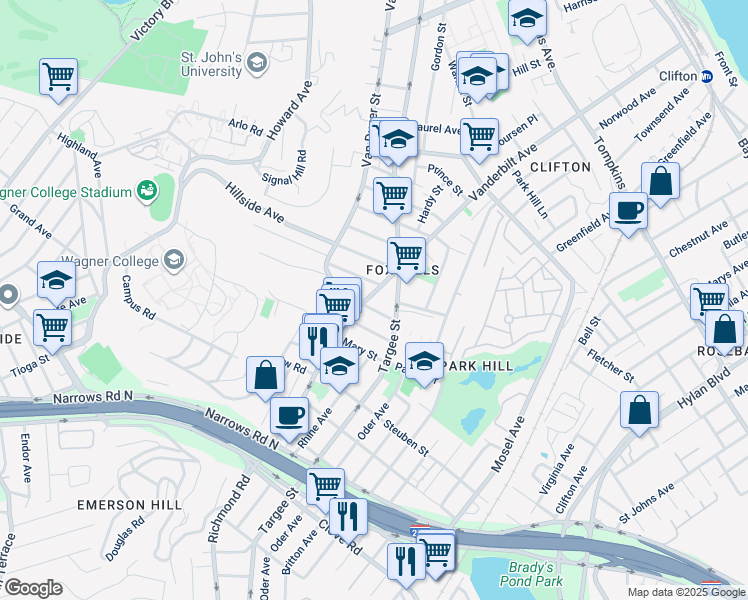 map of restaurants, bars, coffee shops, grocery stores, and more near 32 Cornell Place in Staten Island