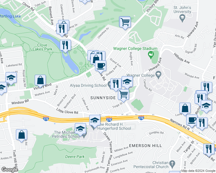 map of restaurants, bars, coffee shops, grocery stores, and more near 1372 Clove Road in Staten Island