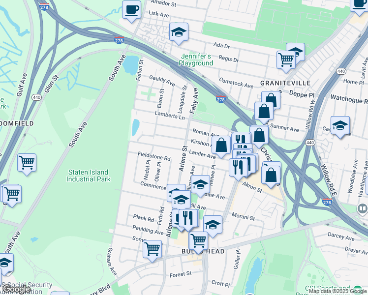 map of restaurants, bars, coffee shops, grocery stores, and more near 165 Lander Avenue in Staten Island