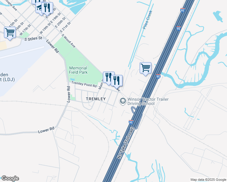 map of restaurants, bars, coffee shops, grocery stores, and more near 3202 Tremley Point Road in Linden
