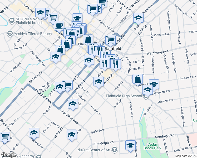 map of restaurants, bars, coffee shops, grocery stores, and more near 607 Madison Avenue in Plainfield