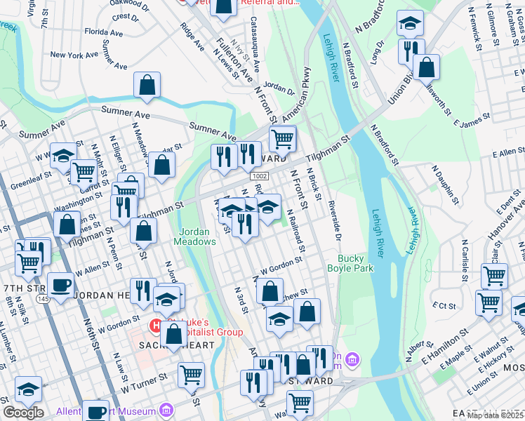 map of restaurants, bars, coffee shops, grocery stores, and more near 544 Ridge Avenue in Allentown