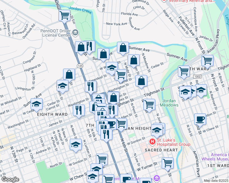 map of restaurants, bars, coffee shops, grocery stores, and more near 522 West Washington Street in Allentown