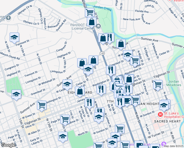 map of restaurants, bars, coffee shops, grocery stores, and more near 841 North Lumber Street in Allentown