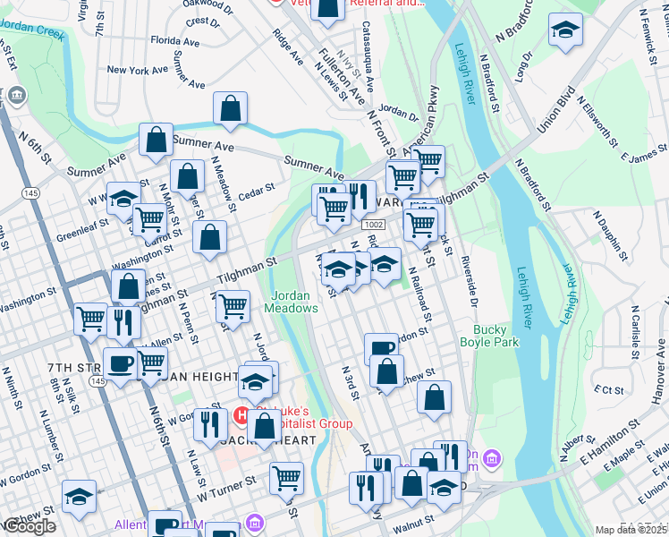 map of restaurants, bars, coffee shops, grocery stores, and more near 612 North 2nd Street in Allentown