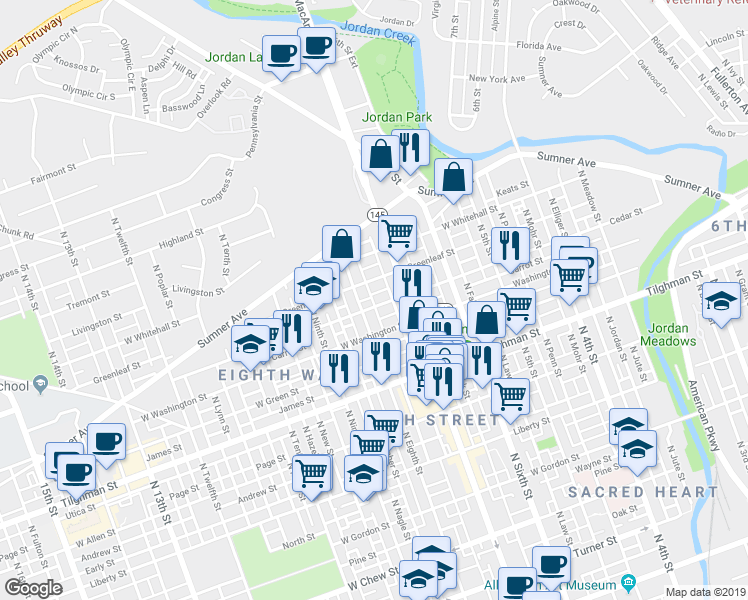 map of restaurants, bars, coffee shops, grocery stores, and more near 739 Cedar Street in Allentown