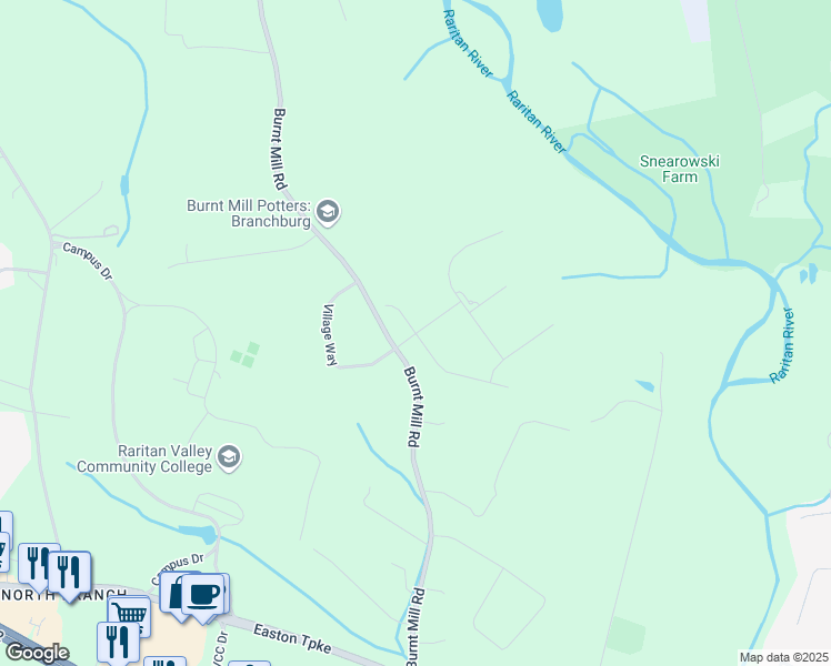 map of restaurants, bars, coffee shops, grocery stores, and more near Reeves Way in Branchburg