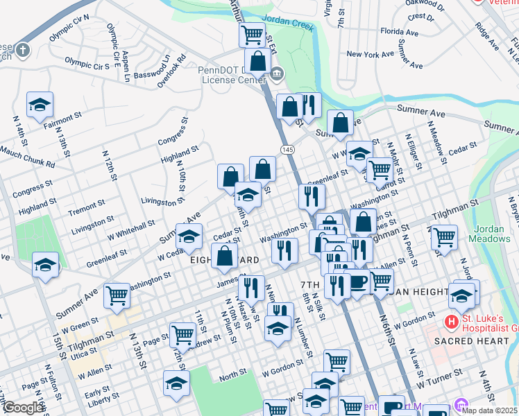 map of restaurants, bars, coffee shops, grocery stores, and more near 841 North Lumber Street in Allentown