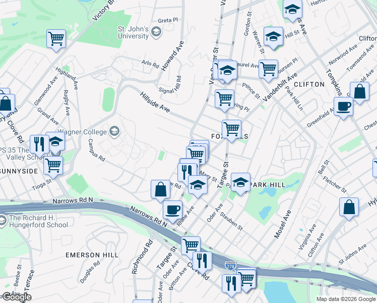 map of restaurants, bars, coffee shops, grocery stores, and more near 1032 Van Duzer Street in Staten Island