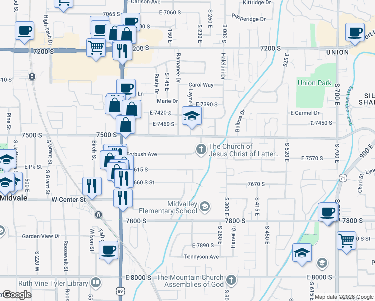 map of restaurants, bars, coffee shops, grocery stores, and more near 201 Forbush Avenue in Midvale