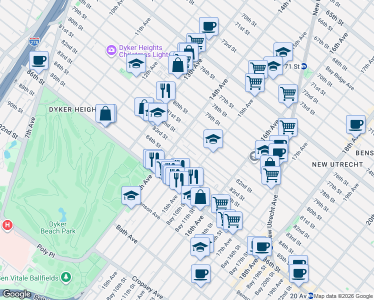 map of restaurants, bars, coffee shops, grocery stores, and more near 1447 83rd Street in Brooklyn